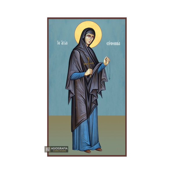 St Euphemia Christian Orthodox Wood Icon with Blue Background