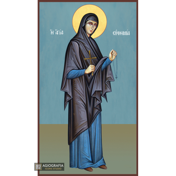St Euphemia Christian Orthodox Wood Icon with Blue Background