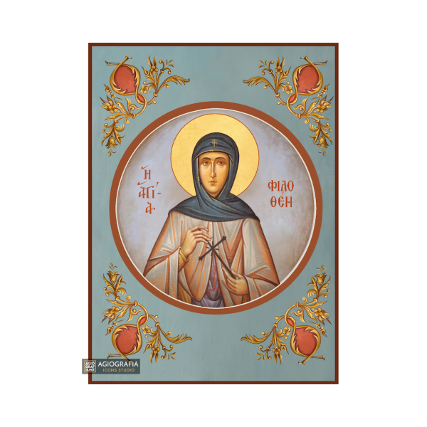 St Filothei Christian Orthodox Icon with Blue Background