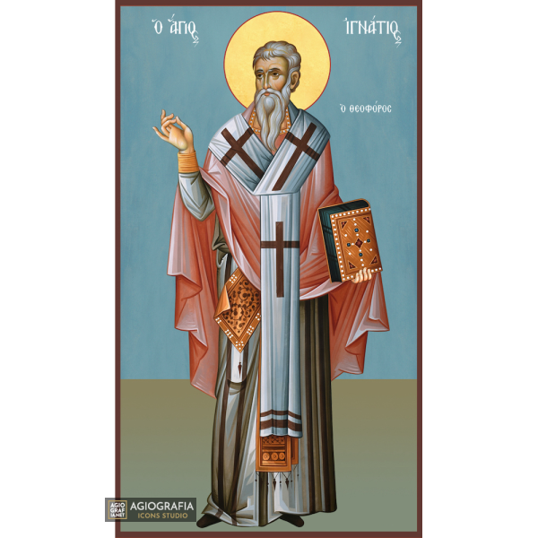 St Ignatius Greek Orthodox Wood Icon with Blue Background