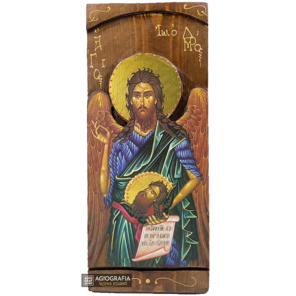 St John the Forerunner Greek Gold Print Icon on Carved Wood
