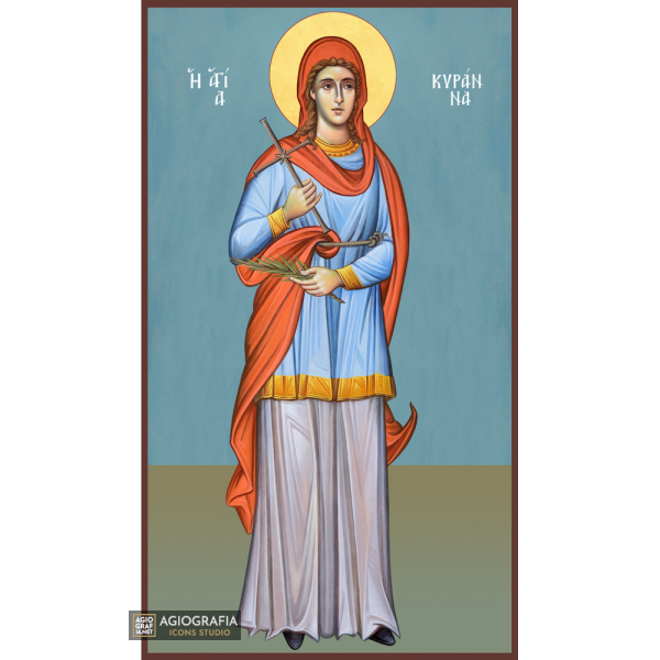 St Kiranna Greek Orthodox Icon on Wood with Blue Background
