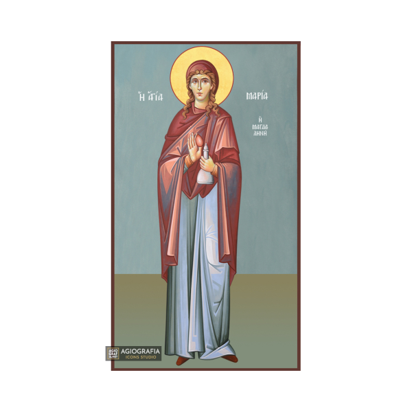 St Mary Magdalene Christian Wood Icon with Blue Background