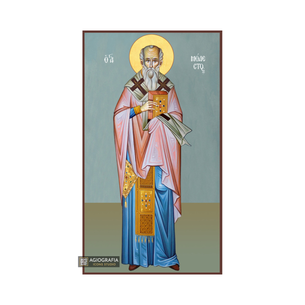 St Modestos Greek Orthodox Wood Icon with Blue Background