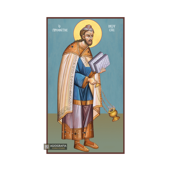 Prophet Moses Greek Orthodox Wood Icon with Blue Background