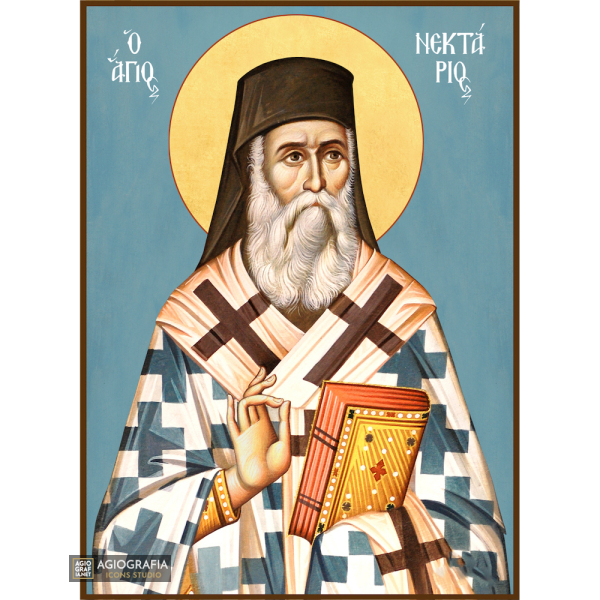 St Nektarios Christian Orthodox Icon with Blue Background
