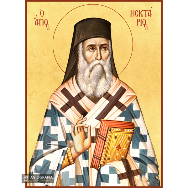 22k St Nektarios - Gold Leaf Background Christian Orthodox Icon