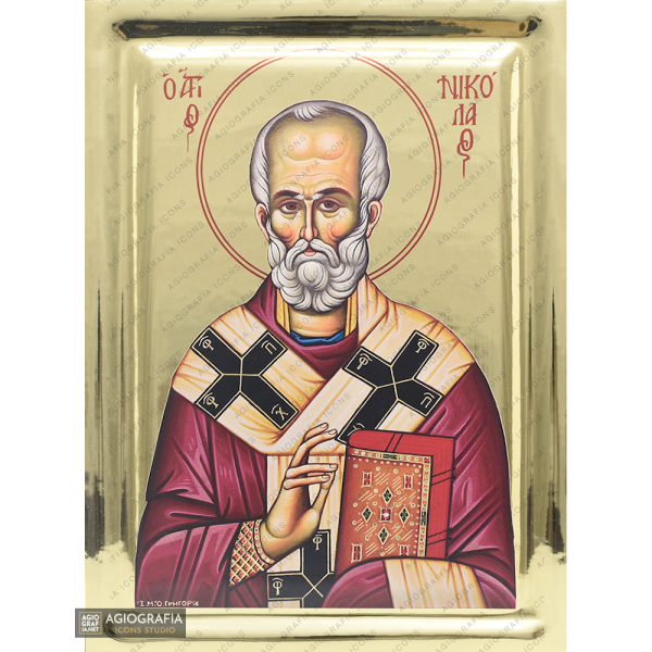 St Nicholas Byzantine Orthodox Wood Icon with Gilding Effect