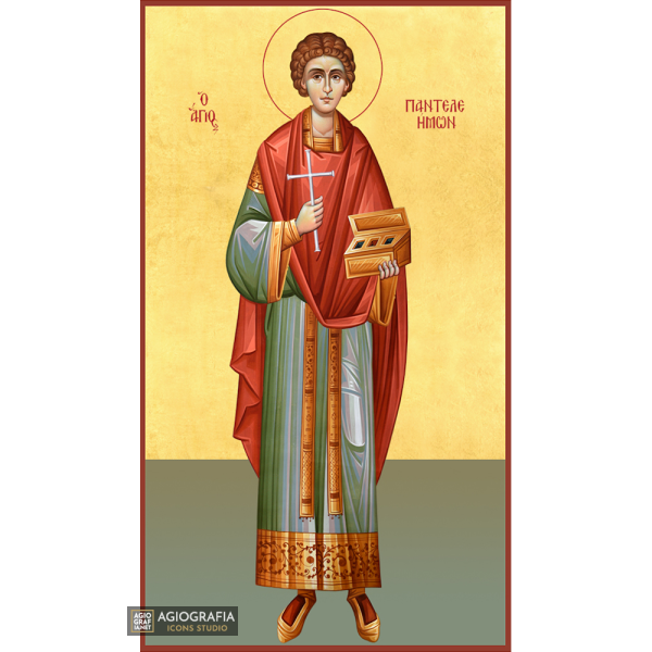 22k St Panteleimon - Gold Leaf Background Christian Orthodox Icon