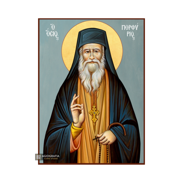 St Porphyrios Greek Orthodox Icon with Blue Background