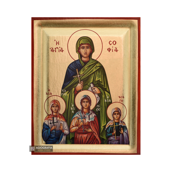 St Sophia & her three daughters Greek Icon with Gold Leaf