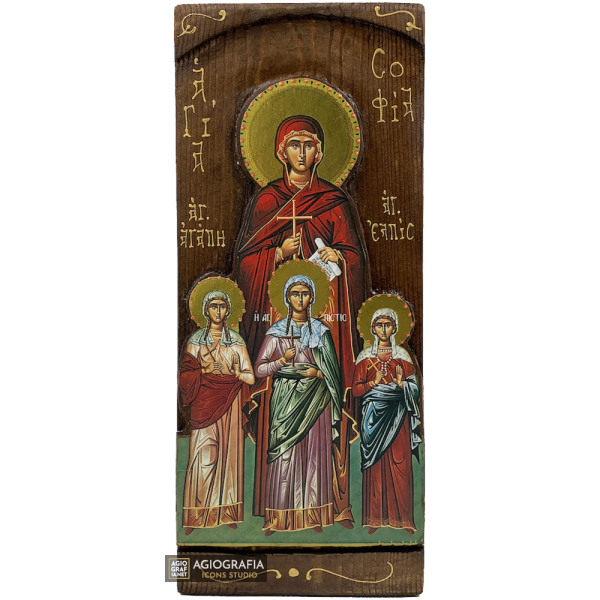 St Sophia and daughters Christian Gold Print Icon on Carved Wood
