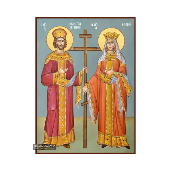 Saints Constantine & Helen Greek Icon with Blue Background