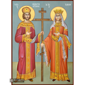 Saints Constantine & Helen Greek Icon with Blue Background