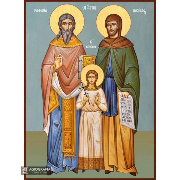 Saints Raphael - Nicholas - Irene Greek Icon with Blue Background