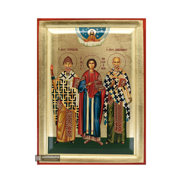 Saints Spiridon - Panteleimon - Nicholas Christian Icon with Gold Leaf