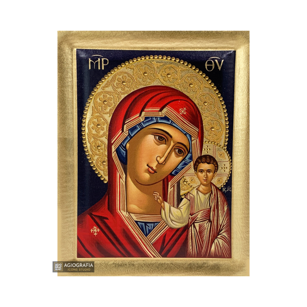 Virgin Mary of Kazan Eastern Christian Icon on Wood with Gold Leaf