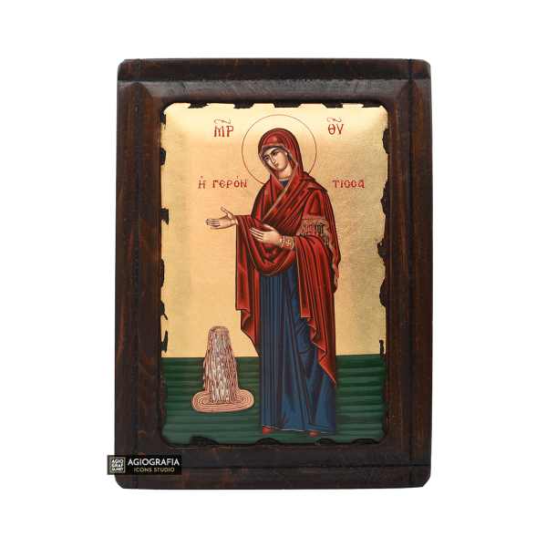 Virgin Mary Gerontissa Greek Orthodox Wood Icon with Gold Leaf
