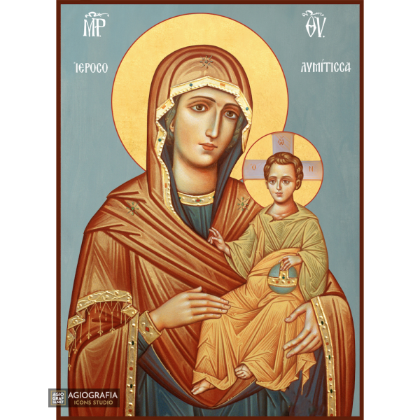 Virgin Mary of Jerusalem Greek Orthodox Icon with Blue Background