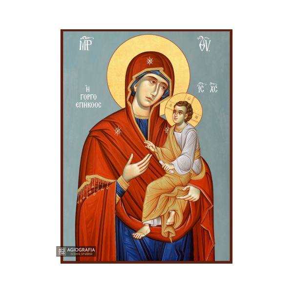 Virgin Mary Quick to Hear (Gorgoepikoos) Icon with Blue Background