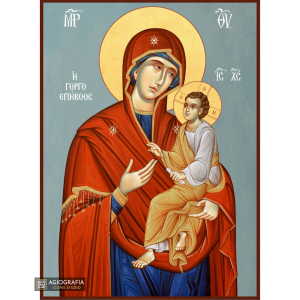 Virgin Mary Quick to Hear (Gorgoepikoos) Icon with Blue Background