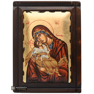 Virgin Mary Sweet Kissing Orthodox Wood Icon with Gold Leaf
