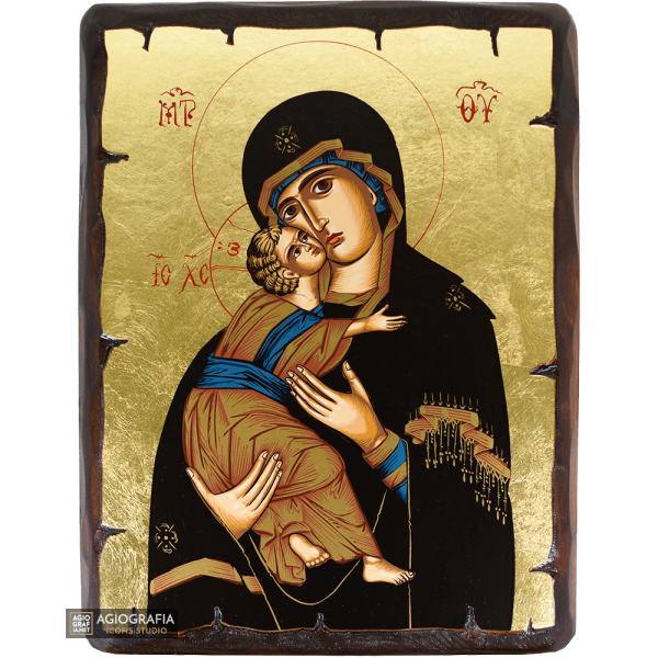 Virgin Mary of Vladimir Greek Orthodox Wood Icon with Gold Leaf
