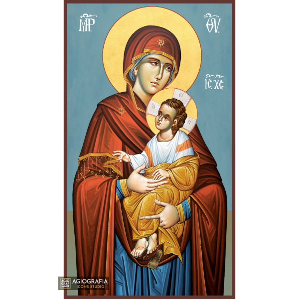 Virgin Mary Holding Infant Christ Greek Icon with Blue Background