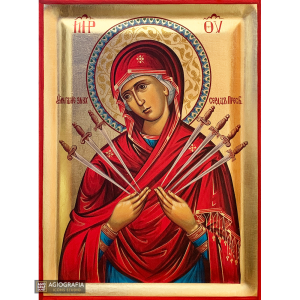 Virgin Mary with Seven Swords Greek Orthodox Icon with Gold Leaf