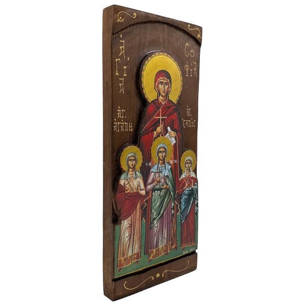 St Sophia and her daughters - Wood curved Byzantine Christian Orthodox Icon on Natural solid Wood