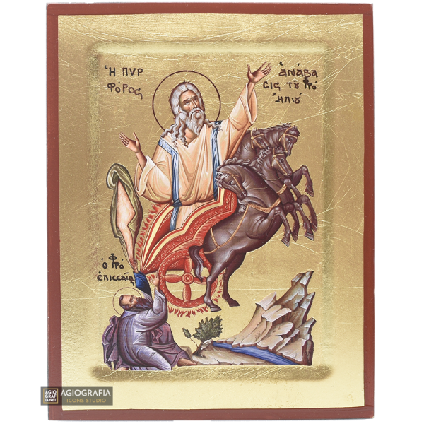 Prophet Elijah Orthodox Icon on Wood with Gold Leaves background