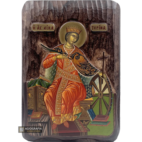 Saint Catherine Christian Orthodox Gold Foil Icon on Carved Wood