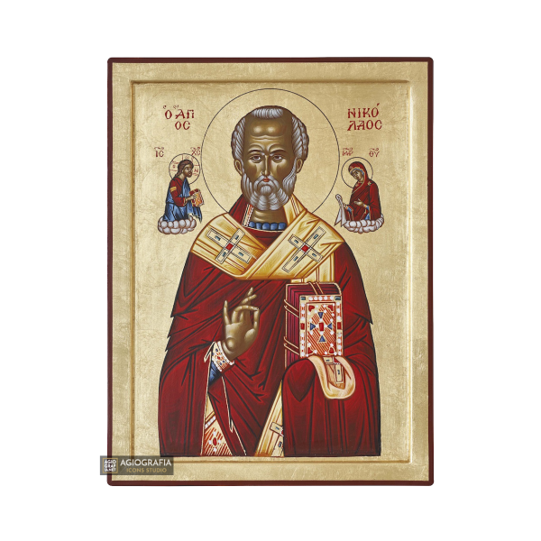 Saint Nicholas Handwritten Orthodox Icon with Matte Gold Leaves