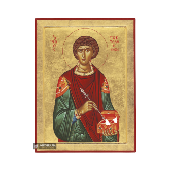 Saint Panteleimon Handwritten Orthodox Icon with Matte Gold Leaves