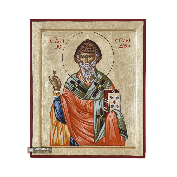 Saint Spiridon Handwritten Orthodox Icon with Matte Gold Leaves