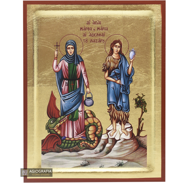18k Sts Martha & Magdalene Orthodox Icon on Wood with Gold Leaf
