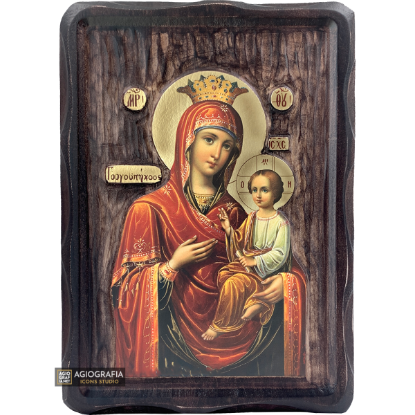 Virgin Mary Quick to Hear Orthodox Gold Foil Icon on Carved Wood