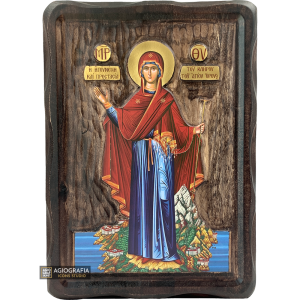 Virgin Mary Mount Athos Orthodox Gold Foil Icon on Carved Wood