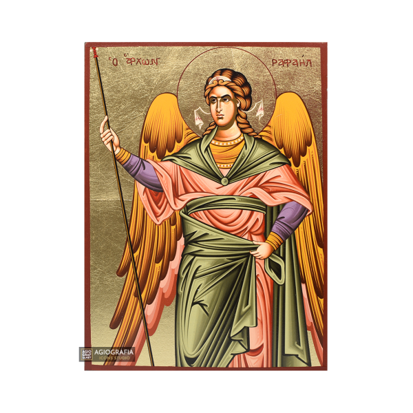 Archangel Raphael Christian Icon with Matte Gold Leaves Background