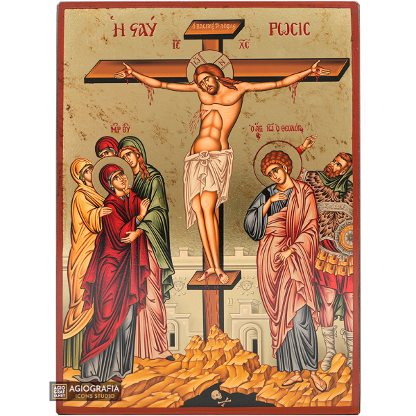 Crucifixion of The Lord Gold Print Orthodox Icon with Aged Gold Foil