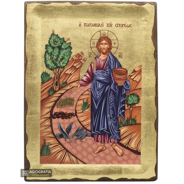 18k The Parable of the Sower Orthodox Icon with Gold Leaf