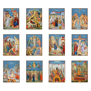 Set of 12 Feastal Christian Icons on Wood with Blue Background