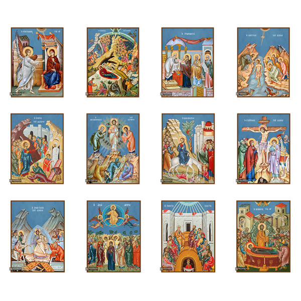 Set of 12 Feastal Christian Icons on Wood with Blue Background