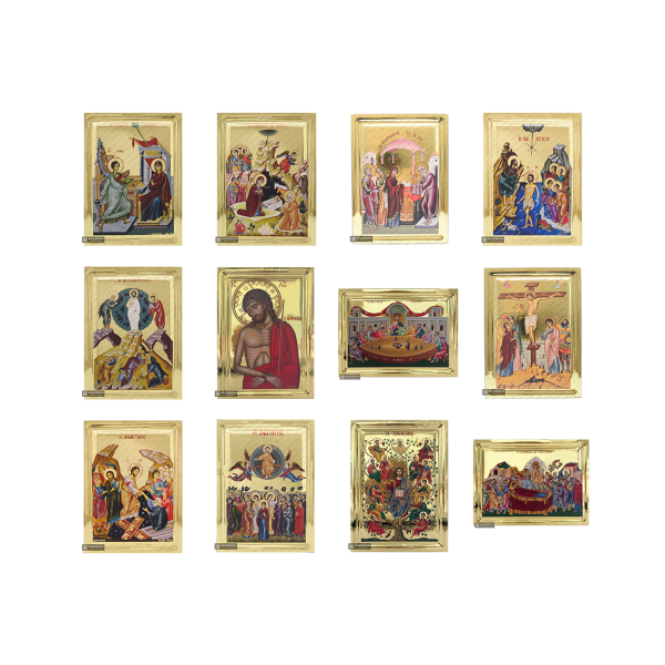 Set of 12 Feastal Christian Icons on Wood with Gilding Effect