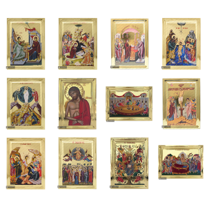 Set of 12 Feastal Christian Icons on Wood with Gilding Effect