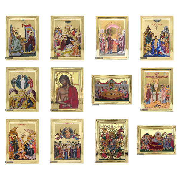 Set of 12 Feastal Christian Icons on Wood with Gilding Effect