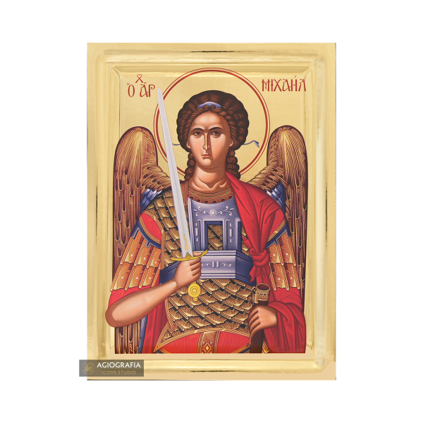 Archangel Michael Greek Icon on Wood with Gilding Effect