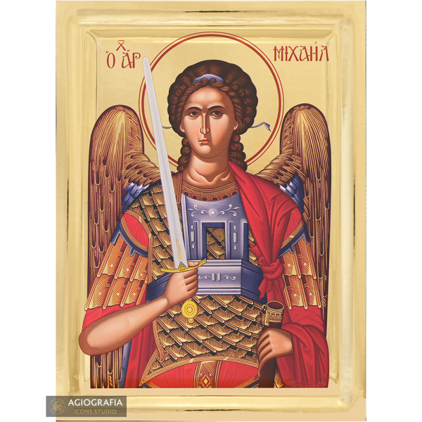Archangel Michael Greek Icon on Wood with Gilding Effect