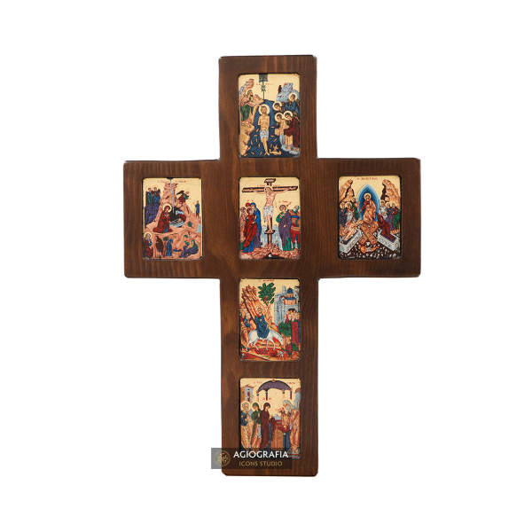 Orthodox Cross with 6 Themes Christian Icon with Gold Leaf