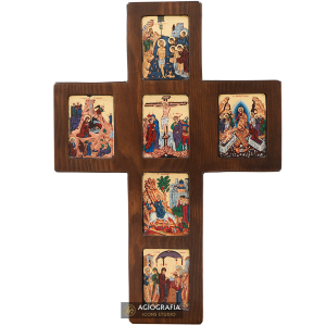 Orthodox Cross with 6 Themes Christian Icon with Gold Leaf
